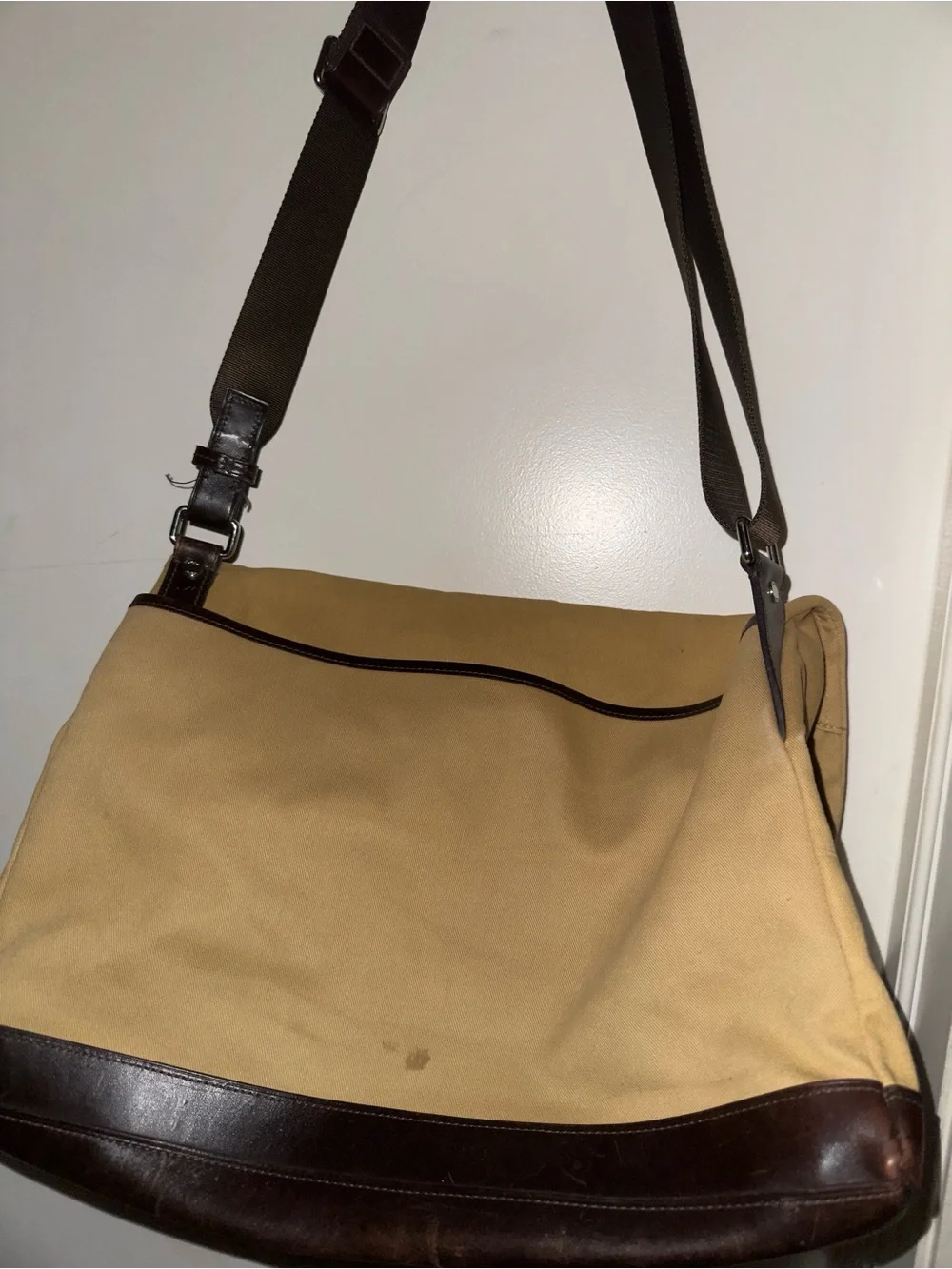 Tumi Tan Canvas Messenger Bag with Dark Brown Leather Trim